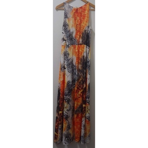H&M Women's Maxi Dress 6 Orange Gray Feather Print Sleeveless Long Summer Gown - Picture 5 of 10
